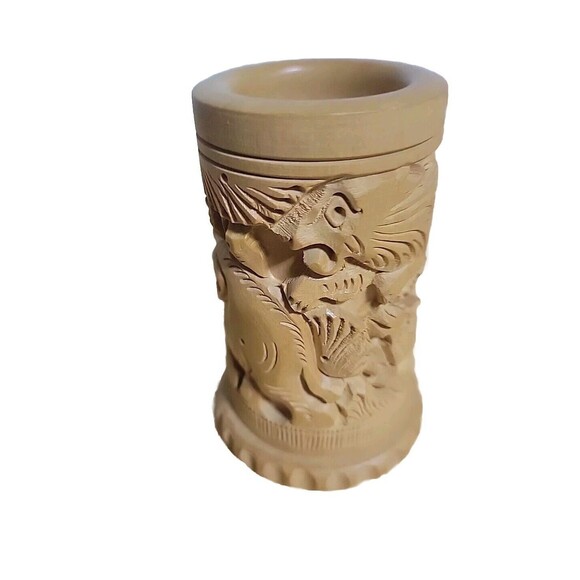 India 4" Carved Wood Animal Art Relief Pen Pencil Holder Desk Decor‎ Sculpture - Picture 6 of 6